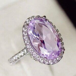 💞 925 Silver Plated Shining 4 Claws Oval Shaped CZ Ring, MARR9375